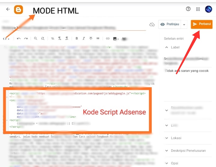Cara memasang kode Script Iklan Adsense Di Dalam postingan Blog