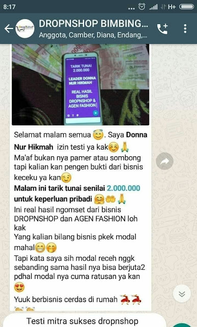 Bisnis Reseller DropnShop Ada Ratusan Testimoni Member-Member Dapat Puluhan Juta