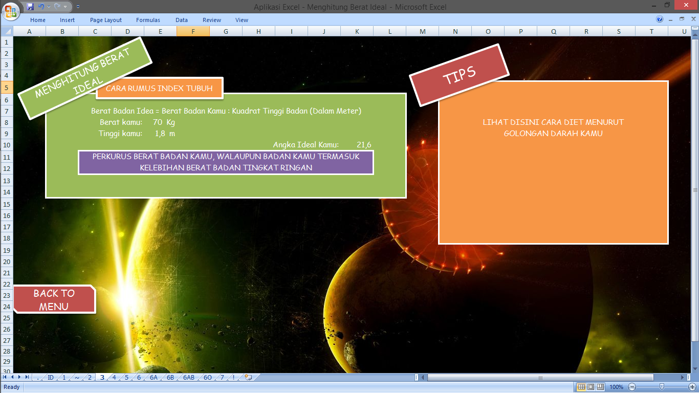 Aplikasi Berbasis Excel - menghitung berat badan ideal, umur, &amp; bermain sudoku