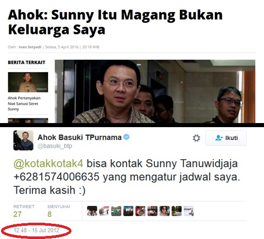 Twit Ahok Tahun 2012 Ini Ungkap Siapa Sesungguhnya Sunny Tanuwijaya