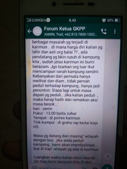 Ancaman Trhdp Romesko Purba Pembela Gereja Karimun Beredar di WhatsApp