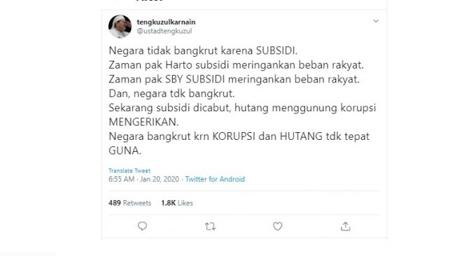 Tengku Zul Sebut Subsidi Era Soeharto dan SBY Meringankan Beban Rakyat