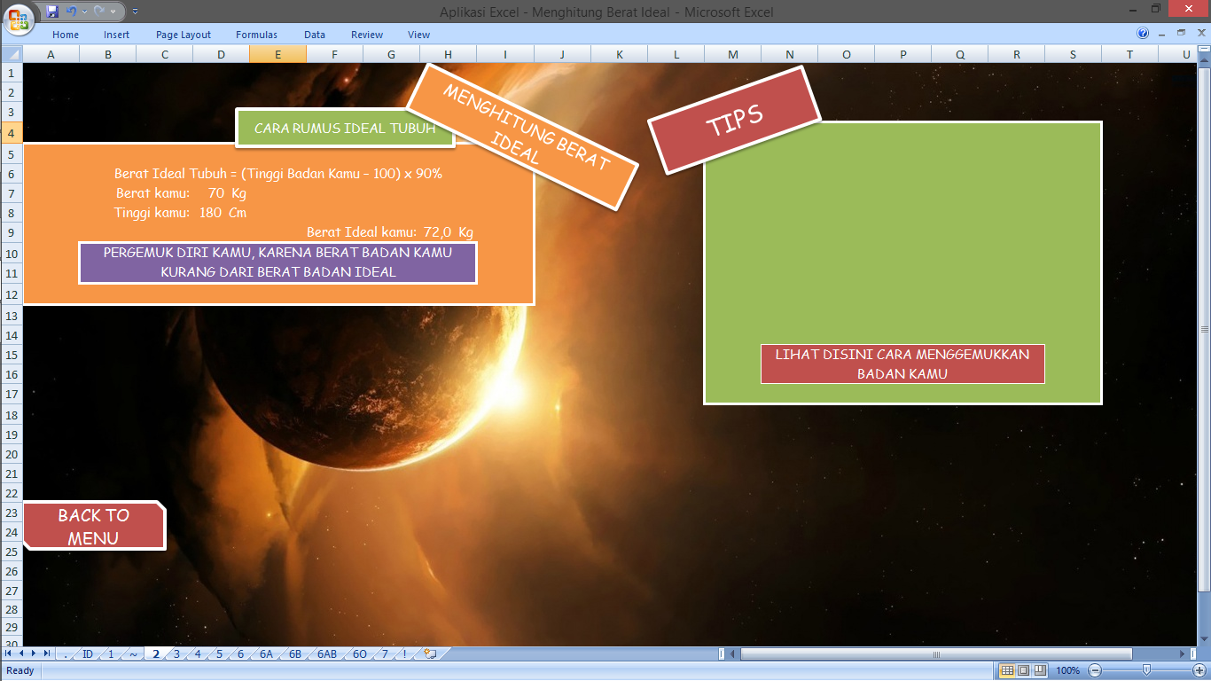 Aplikasi Berbasis Excel - menghitung berat badan ideal, umur, &amp; bermain sudoku