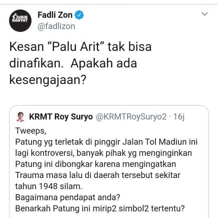 Kicauan Fadli Zon soal Tugu 'Palu Arit PKI' di Madiun