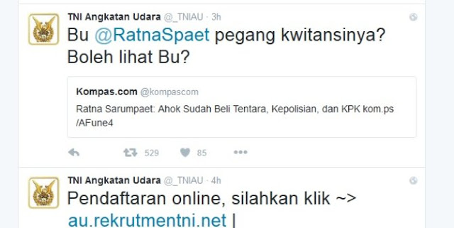 Skak mat Ratna Sarumpaet &amp; Fahri Hamzah, akun TNI AU dapat pujian