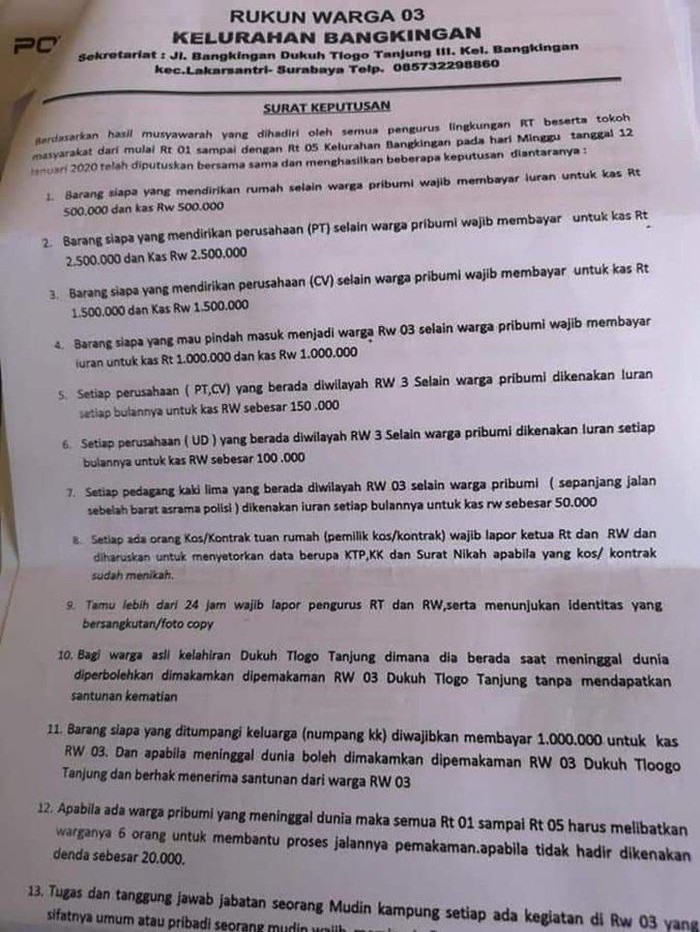Viral Surat Edaran RW di Surabaya soal Iuran 2 Kali Lipat bagi Nonpribumi.