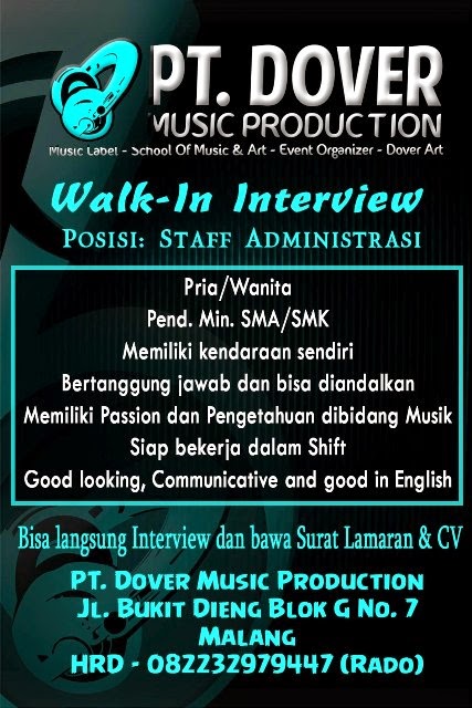 &#91;Walk-In Interview&#93; PT. Dover Music Production, Malang, East Java