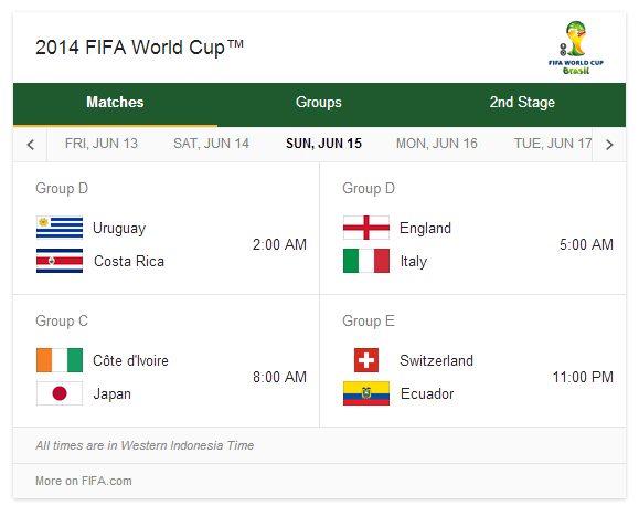 JADWAL PIALA DUNIA 2014 BRAZIL ( ZONA WIB )