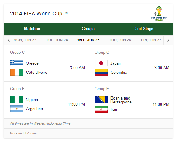 JADWAL PIALA DUNIA 2014 BRAZIL ( ZONA WIB )