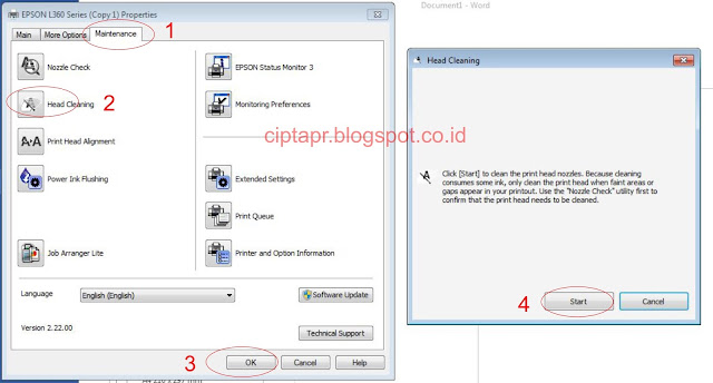 Head cleaning printer epson L360 pada windows 7