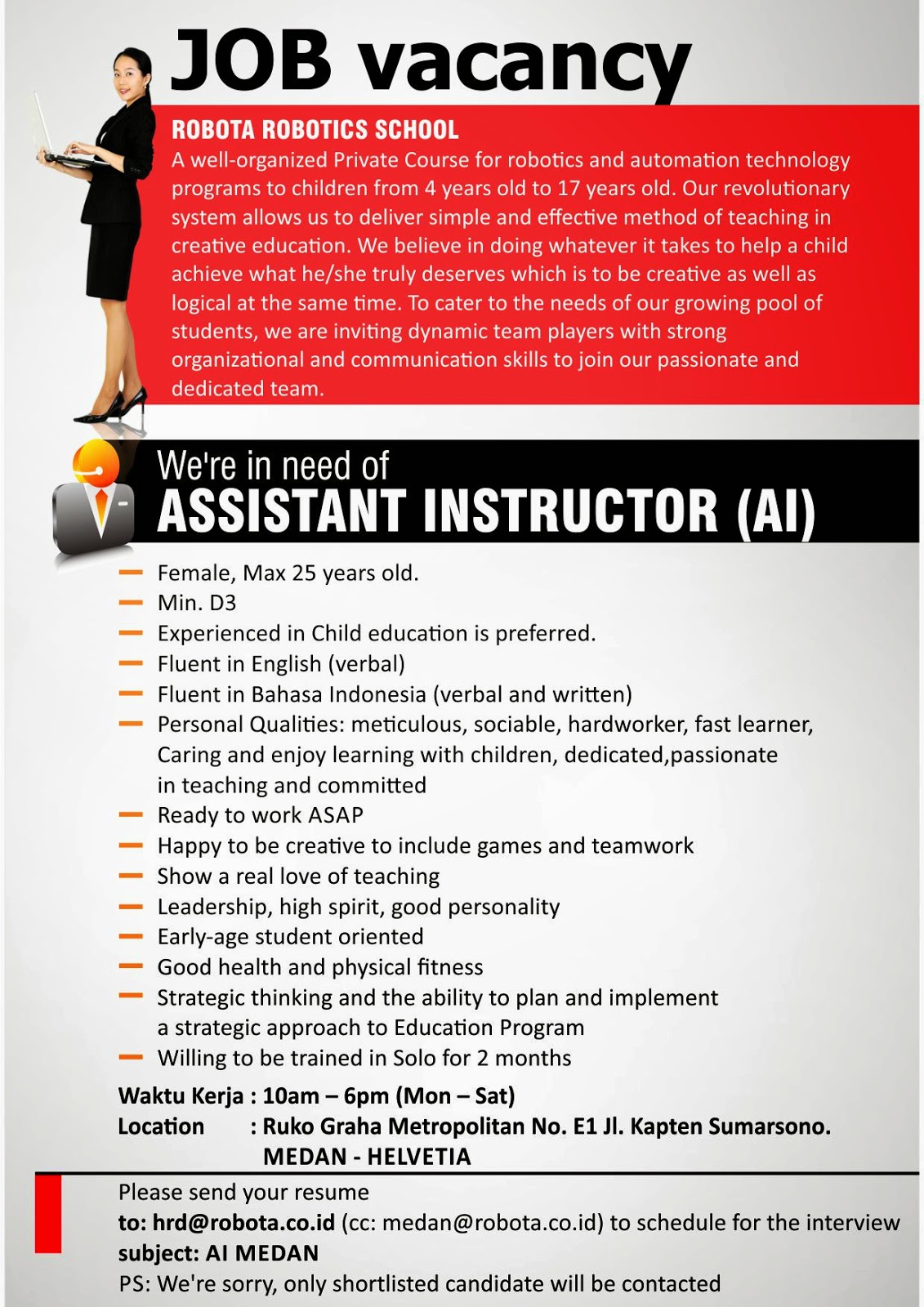 JOB VACANCY : MARKETING & SALES and ASSISTANT INSTRUCTOR
