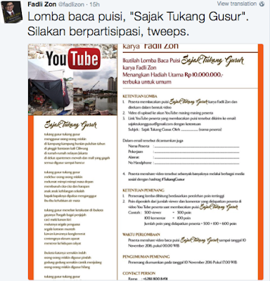 Ckckck.. Fadli Zon Ajak Netizen Ikut Lomba Baca Puisi Karyanya 'Sajak Tukang Gusur'