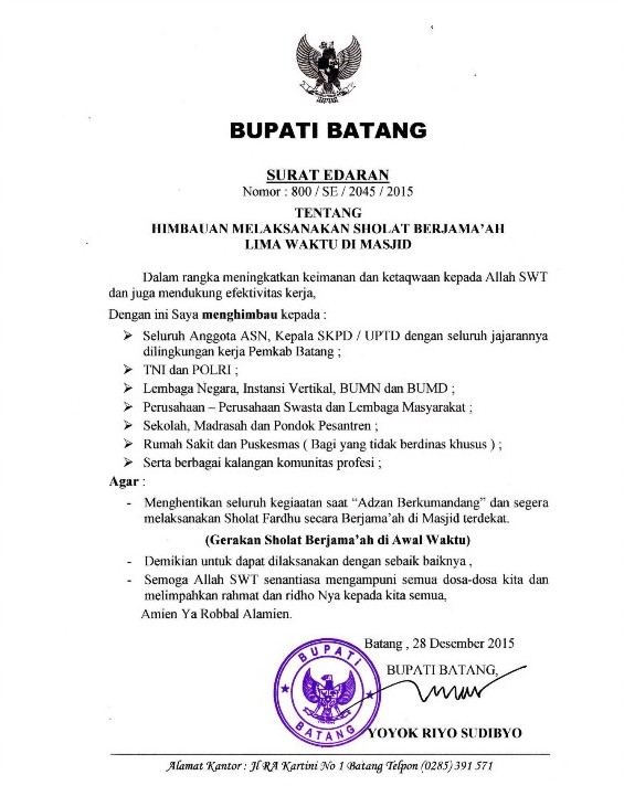 Bupati Batang Keluarkan SE Stop Seluruh Kegiatan Ketika Adzan Utk Sholat Berjamaah