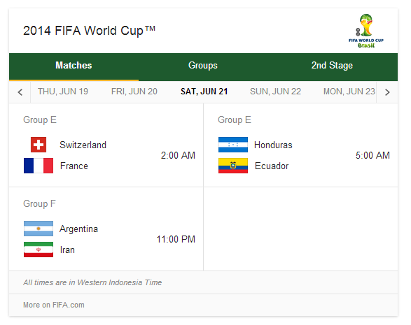 JADWAL PIALA DUNIA 2014 BRAZIL ( ZONA WIB )