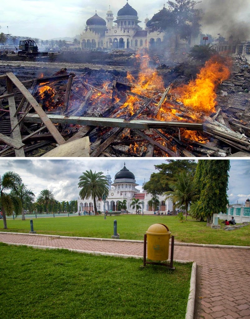 Foto 10 Tahun Peringatan Tsunami Aceh (Sebelum dan Sesudah)