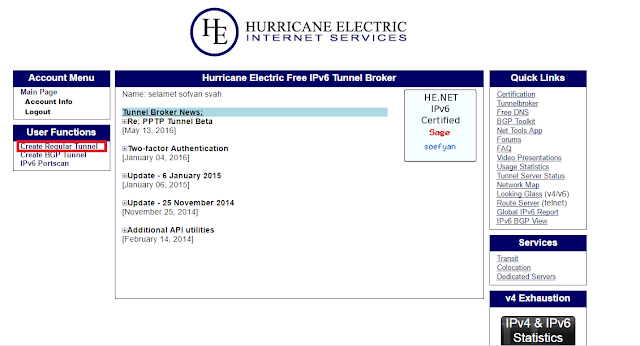 Cara Mendapatkan IPv6 Gratis Dari Hurricane Electric