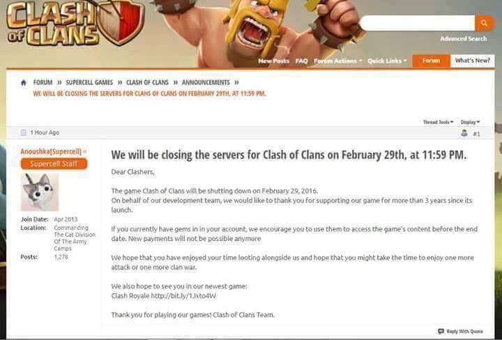 Kabar SERVER Game Clash Of Clans akan ditutup 29 Februari adalah HOAX