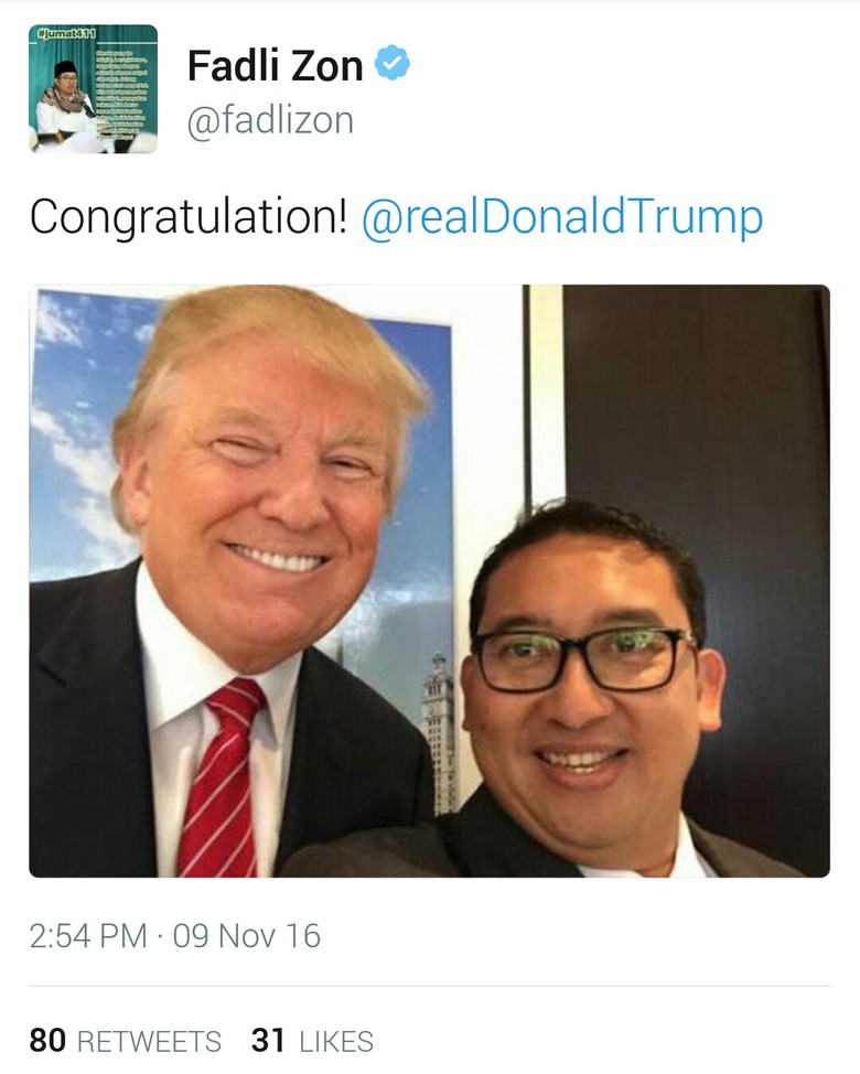 Fadli Zon Unggah Foto Selfie dengan Donald Trump : Congratulation !