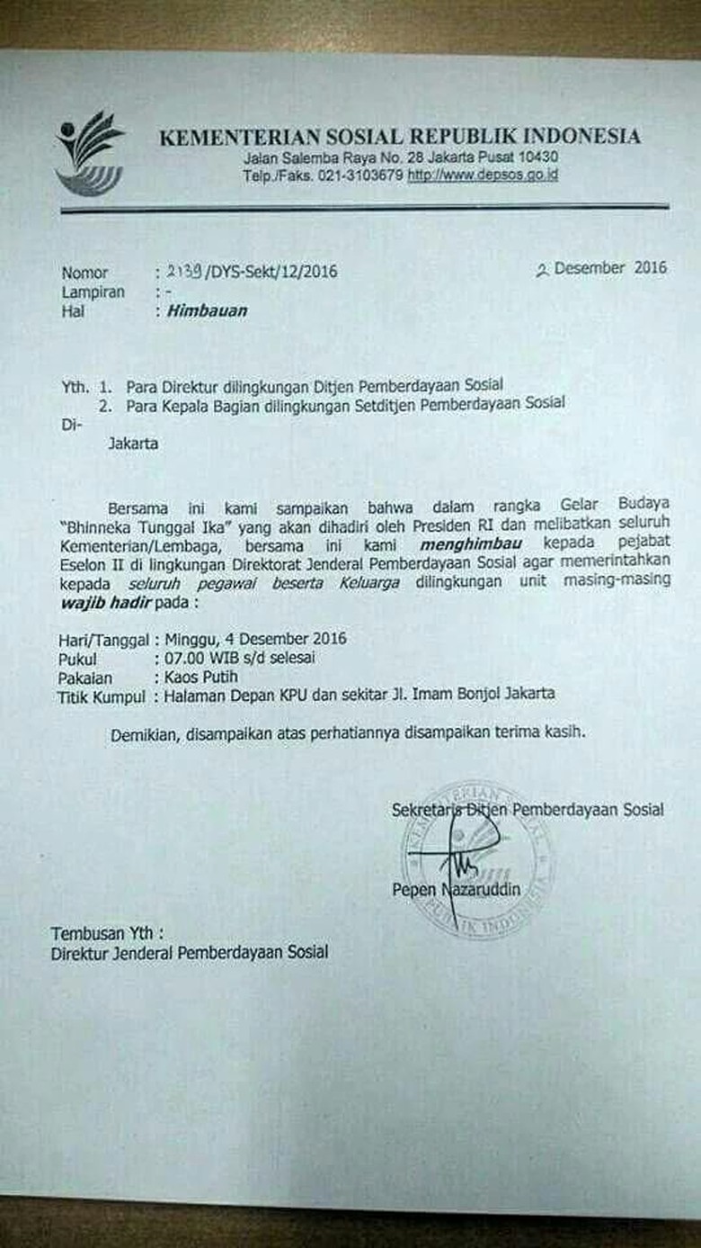 Beredar Surat Wajibkan Pegawai Turun di Aksi 412, Kemensos: Itu Editan