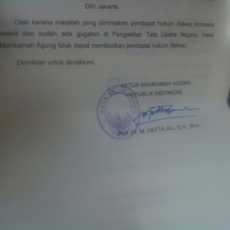 Ini Surat Jawaban MA soal Permintaan Fatwa untuk Status Ahok