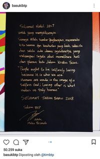 Ucapkan Selamat Natal, Ahok: Semoga Selalu Ada Damai di Hati