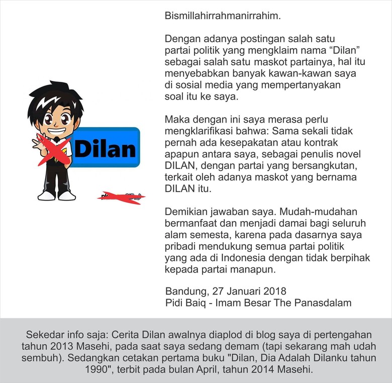 Dilan Jadi Maskot PKS, Pidi Baiq: Tak Ada Kesepakatan