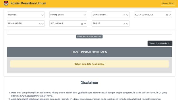 KPU Input Kemenangan Jokowi di Sukabumi Tanpa Lampiran C1 