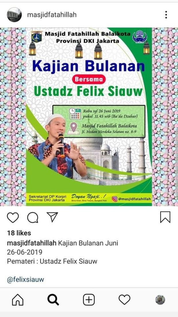 Heboh Poster Kajian Felix Siauw di Masjid Balai Kota DKI, Akhirnya Batal