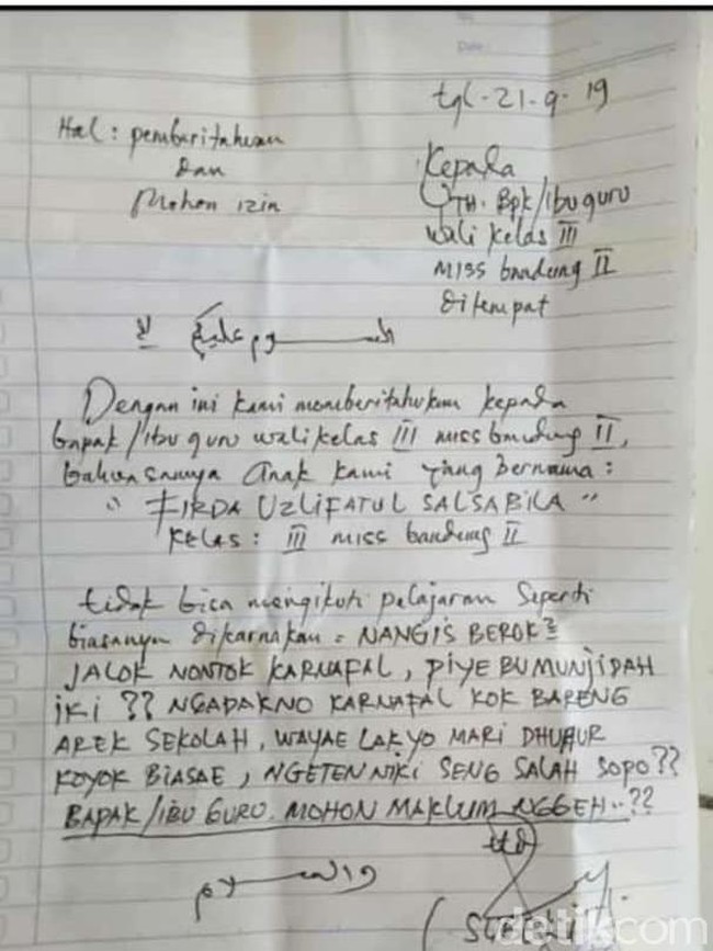 Viral Surat Ijin Tidak Masuk Sekolah Karena Nangis Teriak Teriak! Asli Jujur Banget!