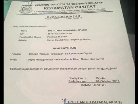 Camat Ciputat Ungkap Musabab Munculnya Surat Edaran Berbaju Gamis Hitam