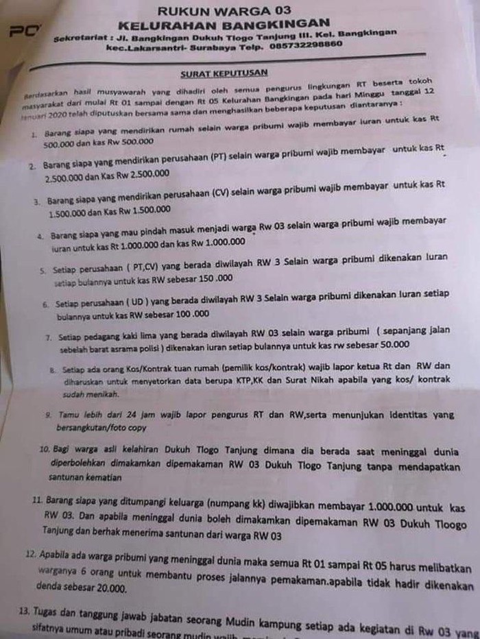 Viral Surat Edaran RW di Surabaya soal Iuran 2 Kali Lipat bagi Nonpribumi