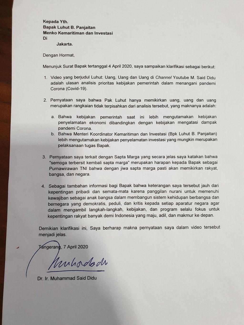 Said Didu Surati Luhut Klarifikasi Video 'Luhut Hanya Pikirkan Uang'