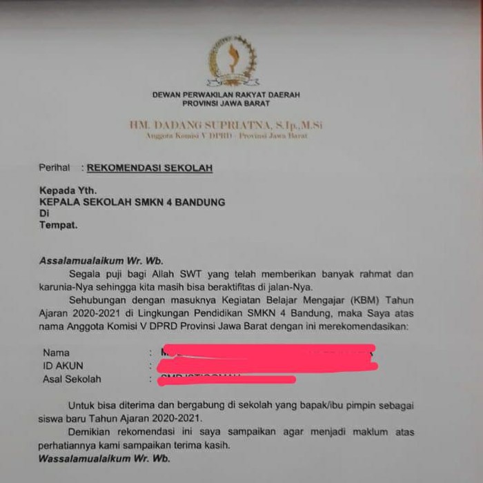 Beredar Surat Rekomendasi Calon Siswa Berkop DPRD Jabar Ke Sekolah Negeri