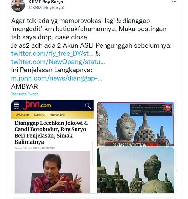Roy Suryo Dinilai Ikut Sebarkan Meme Stupa Borobudur