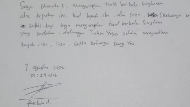 Bharada E Tulis Surat Berduka Kematian Brigadir J, Ini Penampakannya