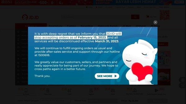Setop Terima Order 15 Februari, JD.ID Tutup Total di RI Akhir Maret 2023