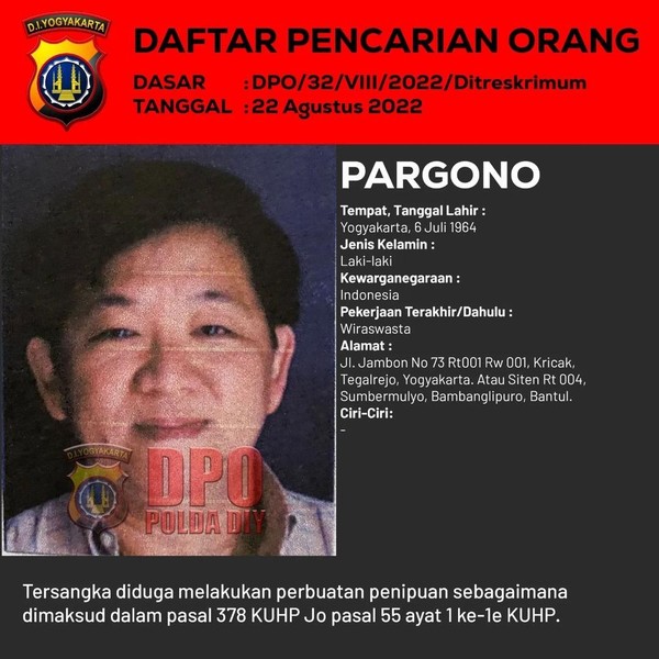 Pargono dan Erna, Pasutri Warga Jogja Jadi Buron Polda DIY