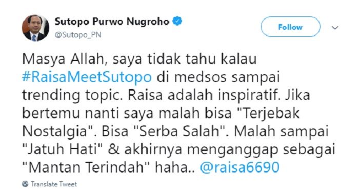 Tranding Topic! #RaisaMeetSutopo Bikin Ramai. Begini Nih Penjelasannya