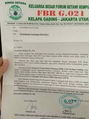 Beredar Surat Permintaan THR ke Warga, Ini Tanggapan FBR