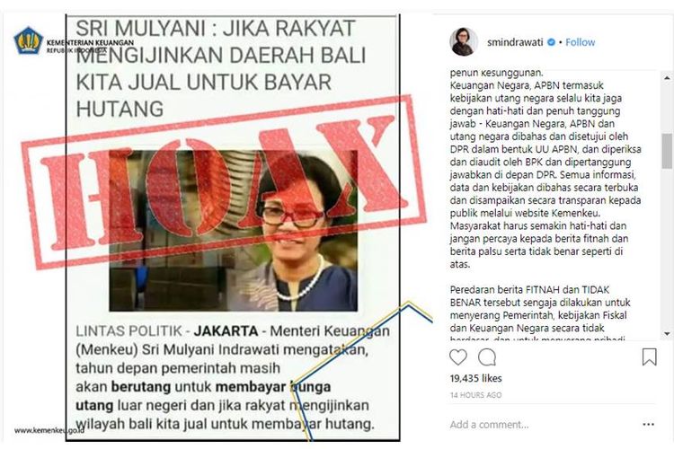 &#91;HOAKS&#93; Pernyataan Sri Mulyani Akan Jual Bali untuk Bayar Utang Negara