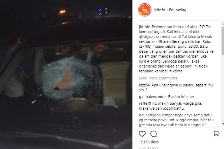 Lagi, Mobil Terkena Lemparan Batu dari Atas JPO Tol, Pengendara Terluka