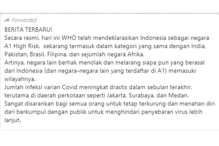 Ramai Isu WHO Tetapkan Indonesia Negara High Risk Covid-19, Ini Kata Kemenkes