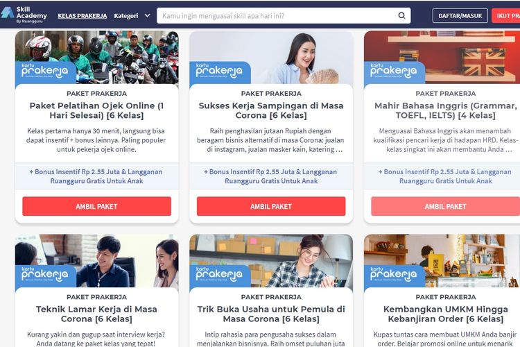 Bayar Rp 1 Juta, Ini Pelatihan Online Kartu Prakerja yang Disediakan Ruangguru