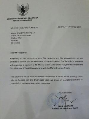 Menpora Keluarkan Surat Garansi untuk Rio Haryanto ke F1