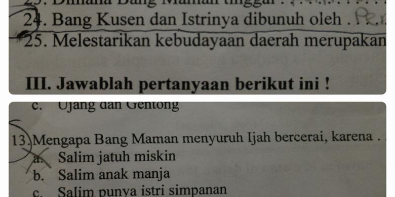 "Netizen" Ungkap Soal Tugas SD yang Memuat Materi Pembunuhan dan Perceraian
