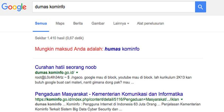 Google Mau Diblokir, Hacker Curhat di Situs Kominfo?