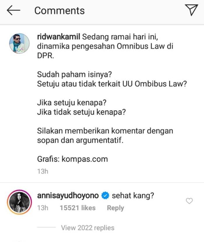 Ridwan Kamil Disentil Mantu SBY? Komentari UU Cipta Kerja, Annisa Pohan: Sehat Kang?