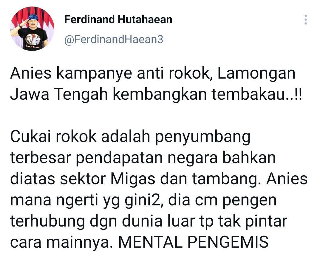 Sindir Anies Soal Rokok, Ferdinand Sebut Lamongan di Jawa Tengah