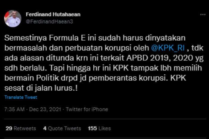 Sentil KPK yang Diam Soal Formula E Jakarta Bermasalah, Ferdinand: Sesat di Jalan