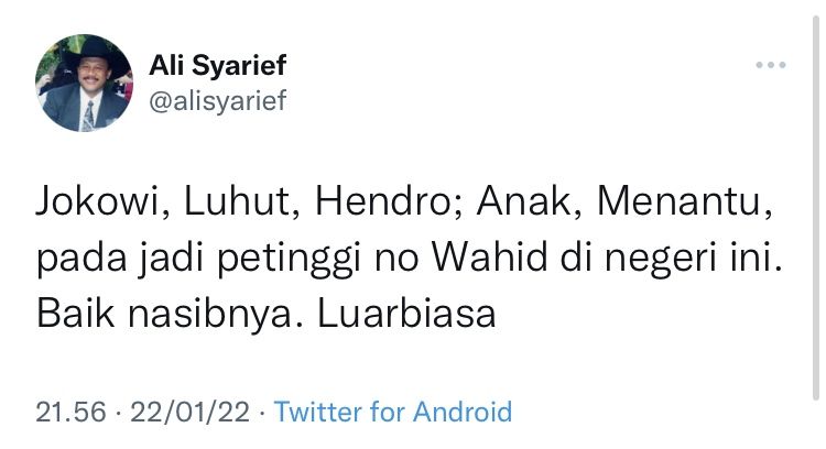 Ali Sentil Jokowi, Luhut, Hendropriyono: Anak, Mantu Jadi Petinggi di Negeri ini